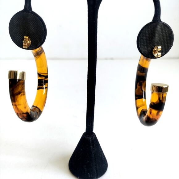 Vermeil Gold-Plated Sterling Base Tortoiseshell Resin Hoop Earrings 2" - Picture 8 of 9